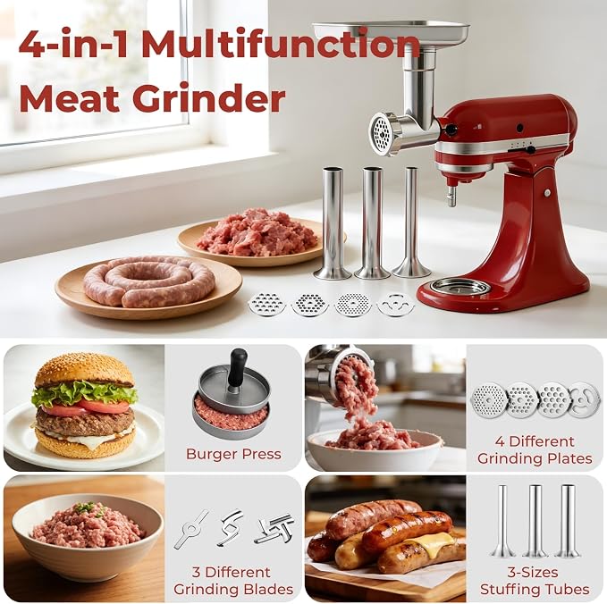 Meat Grinder & Meat Tenderizer Attachments Compatible with KitchenAid Stand Mixer, 3 Adjustable Thickness - Includes 4 Grinding Plates, 3 Sausage Stuffer Tubes & Burger Press