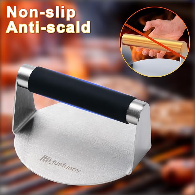 Stainless Steel Burger Press，5.5 Inch Round Smasher，With Anti-Scald Handle | Hamburger Non-Stick Grill Press，Flat Bottom Without Ridges, for Cooking Burgers, Bacon, Ground Beef, Meats, Sausage