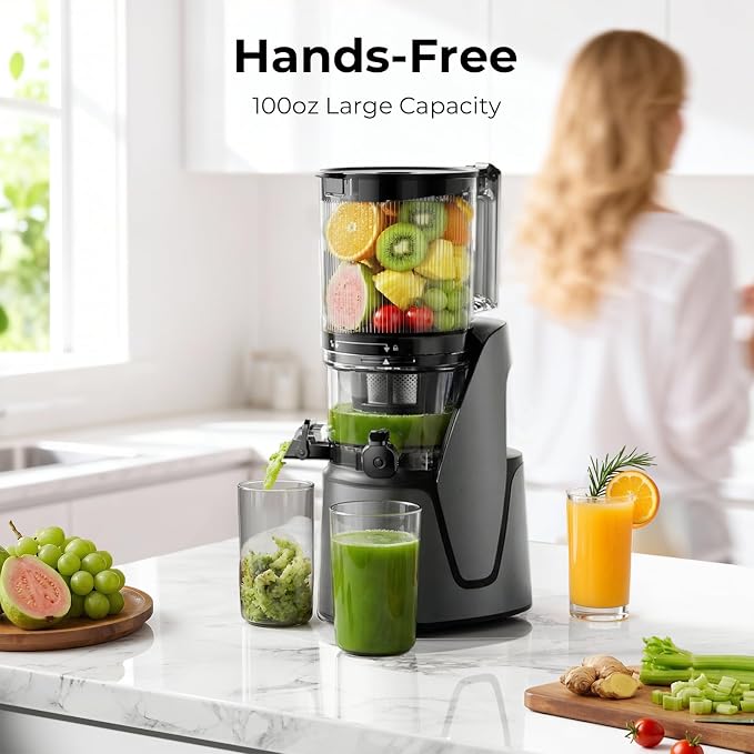 EanOruus Juicer Machines, 3-in-1 Cold Press Juicer, Premium Gray | Makes Juice, Nut Milk & Sorbet, 6.5" Extra Large Chute, 100oz Large Capacity, AC Motor