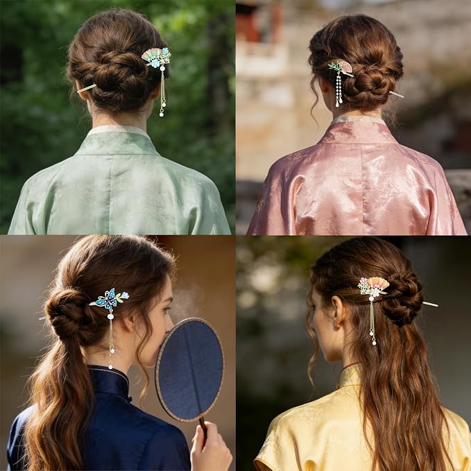 inSowni 8 Pieces Retro Asian Chinese Traditional Hanfu Gold Metal Fan Lotus Flower Butterfly Hair Pins with Bead Pendants Long Hair Sticks Forks Bun Updo Holders Hairpins for Women Girls (8PCS S6)