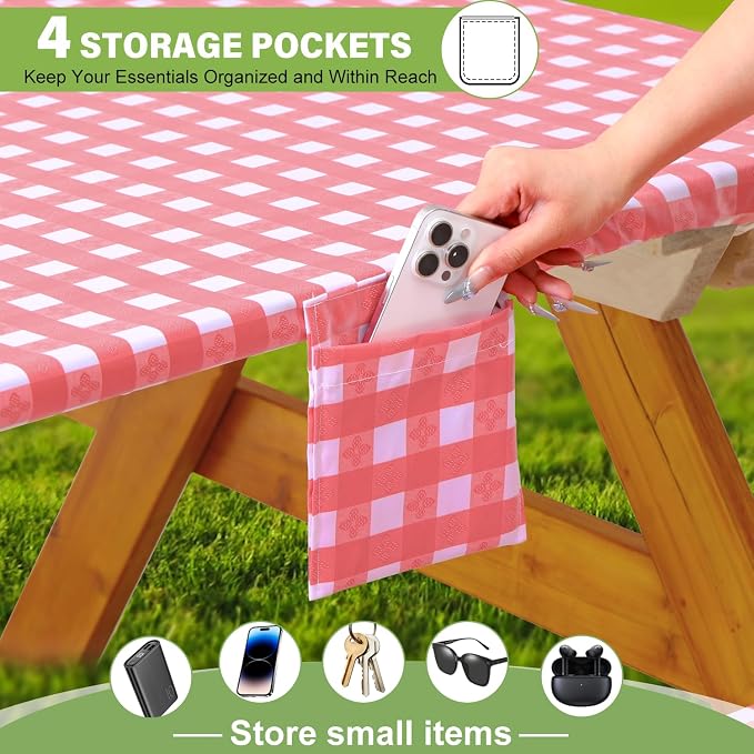 Fitted Picnic Table Cover with Bench Covers Vinyl Waterproof Elastic Edges Fitted Rectangle Tables Patio Tablecloth Camping Gear and Essentials Rv Accessories Road Trip Supplies Car Travel Must Haves
