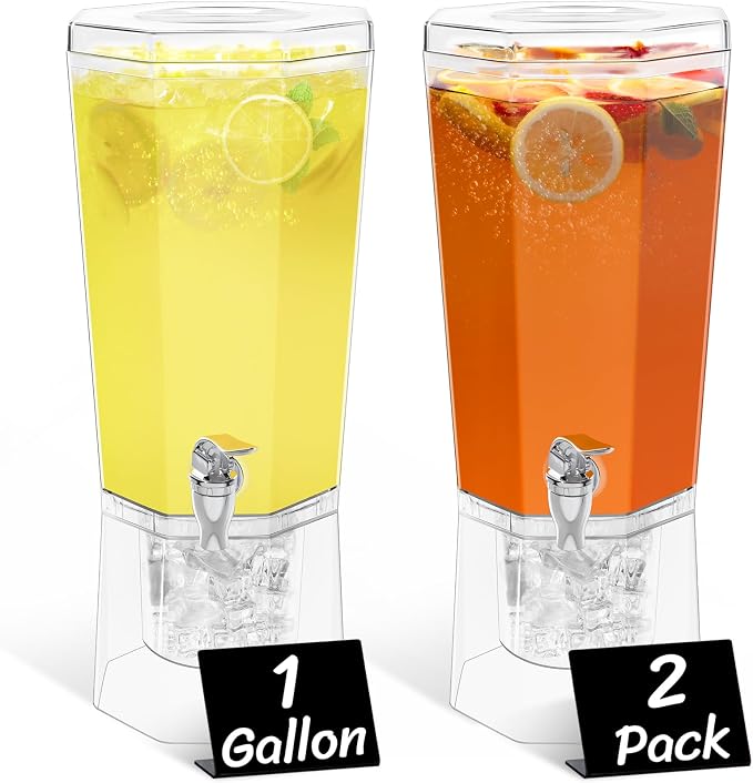Lifewit 1 Gallon Drink Dispenser for Parties 2 Pcs, 4L Plastic Beverage Container with Stand for Juice/Tea/Soda & Lemonade, Clear Water Pitcher with Spigot for Mimosa Bar Hosting 39 x 16 cm/15x6"
