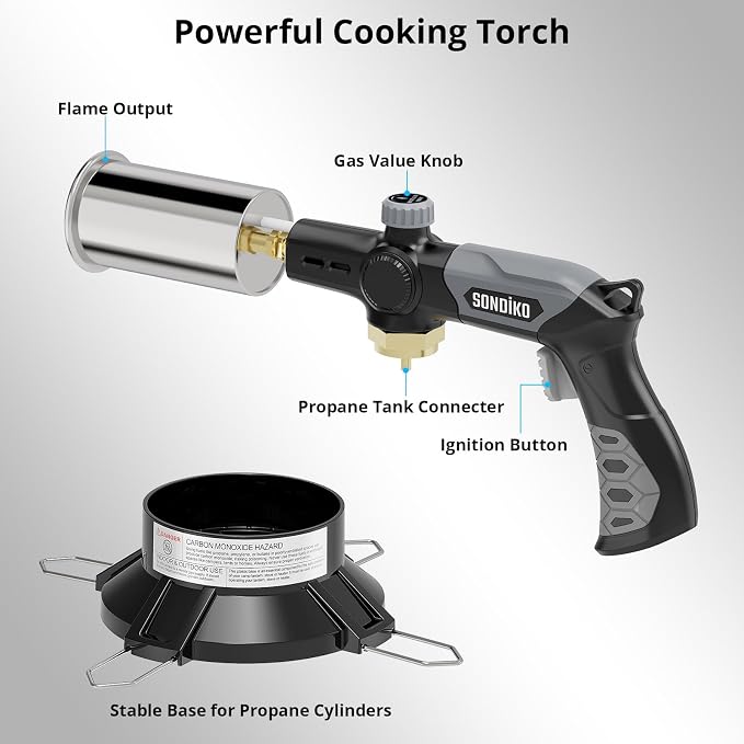 Sondiko Powerful Propane Torch with Gas Cylinder Stand Base, Grill Torch | Cooking Torch, Sous Vide, Campfire Starter, Adjustable Torch Gun for Searing Steak, BBQ, Welding, Propane Tank Not Included