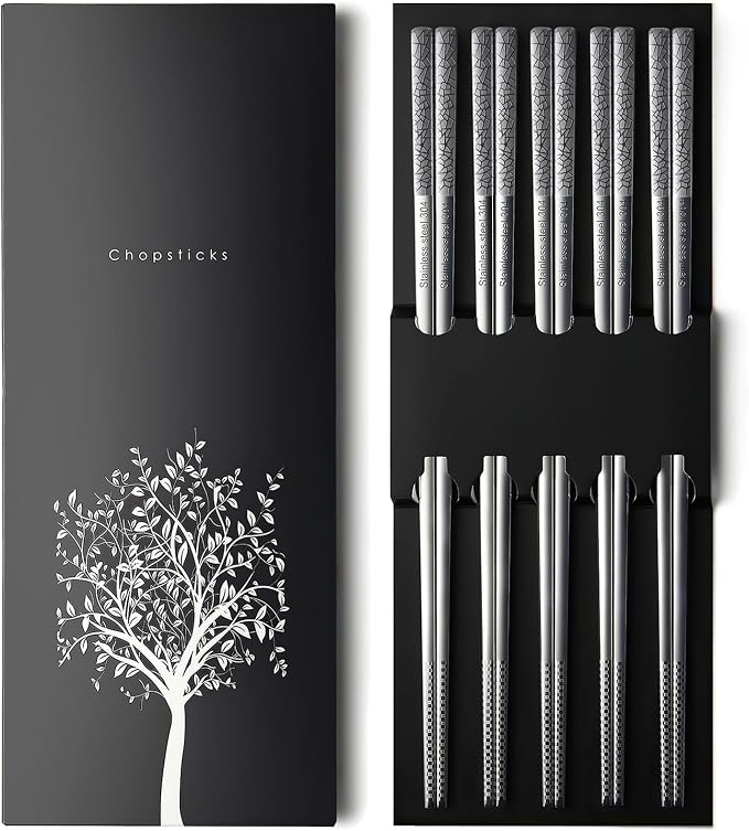 IQCWOOD 5 Pairs 18/8 Stainless Steel Chopsticks – Non-Slip Laser Engraved Metal Chopsticks for Asian Food Sushi Ramen Pho, Reusable & Dishwasher Safe Gift Box