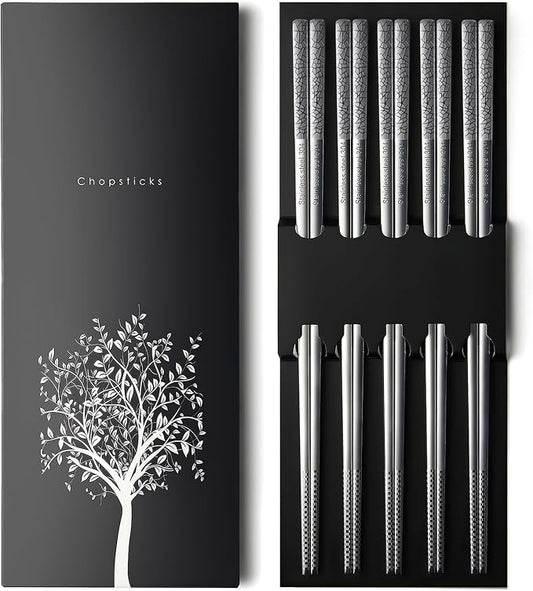 IQCWOOD 5 Pairs 18/8 Stainless Steel Chopsticks – Non-Slip Laser Engraved Metal Chopsticks for Asian Food Sushi Ramen Pho, Reusable & Dishwasher Safe Gift Box