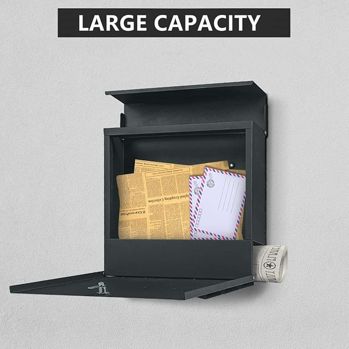 Wall-Mount Mailbox with Lock and Keys, Drop Box for House Outside, Locking Security, Rust-Proof Mail Box with Newspaper Compartment, 14.57 x 14.57 x 4.33 Inch, Dark Grey, MD021 X-Large