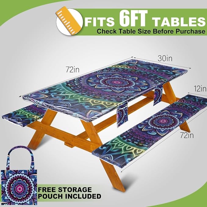 Wrakus Picnic Table Cover with Bench Covers Vinyl Elastic Edges Fitted Rectangle Seat Tables Waterproof 3-Piece72X30in Set Outdoor Rectangular Folding Backing Tablecloth for Camping Over Size