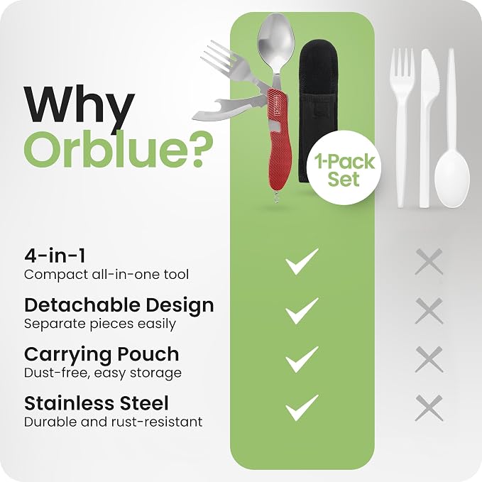 Orblue 4-in-1 Camping Utensils, 1-Pack, Portable Stainless Steel Spoon, Fork, Knife & Bottle Opener Combo Set - Travel, Backpacking Cutlery Multitool, Red