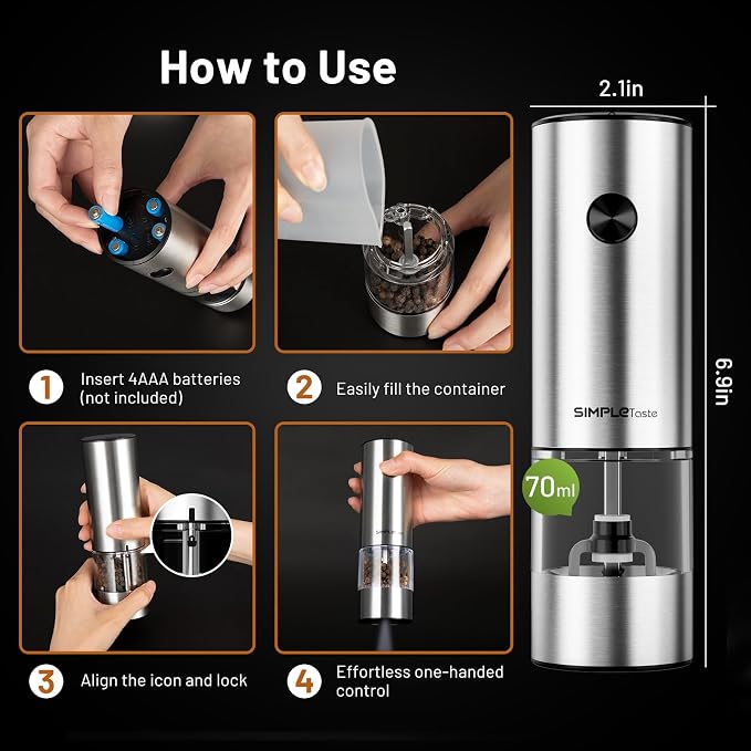 SIMPLETASTE Electric Salt and Pepper Grinder Set with LED Light, Automatic Pepper Mill Shakers with Adjustable Coarseness, One Hand Operation for Kitchen, Dining, Gifting, Silver, Battery Operated