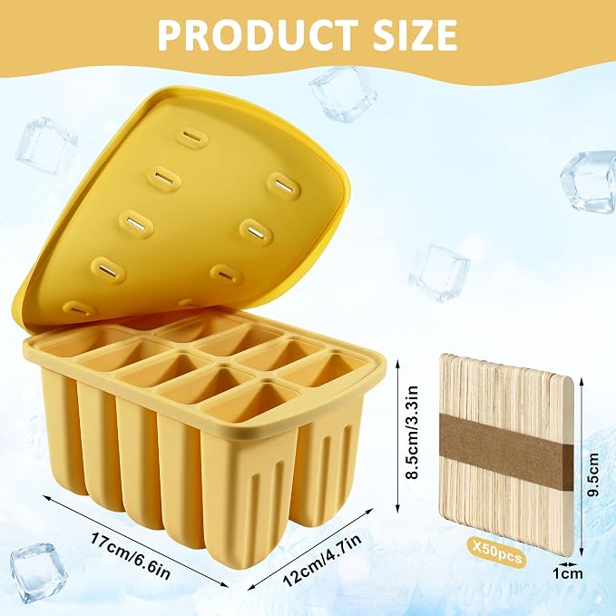 Popsicles Molds, 10 Cavity Silicone Popsicle Molds Easy-Release BPA-free Popsicle Molds Ice Pop Molds Homemade Popsicle Mold Ice Cream Molds with 50PCS Popsicle Sticks for Yogurt Juice Smoothies