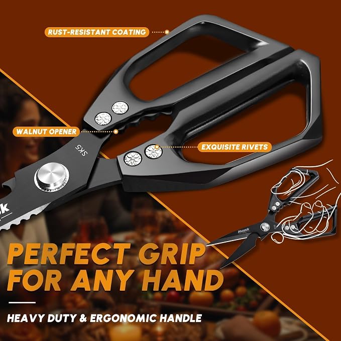 HUUSK Kitchen Scissors for Food, Multifunction Kitchen Shears Heavy Duty | Japanese Stainless Steel Sharp Poultry Shears for Meat, Fish, Chicken Bones, Turkey, Comfortable Handles, Gifts for Women