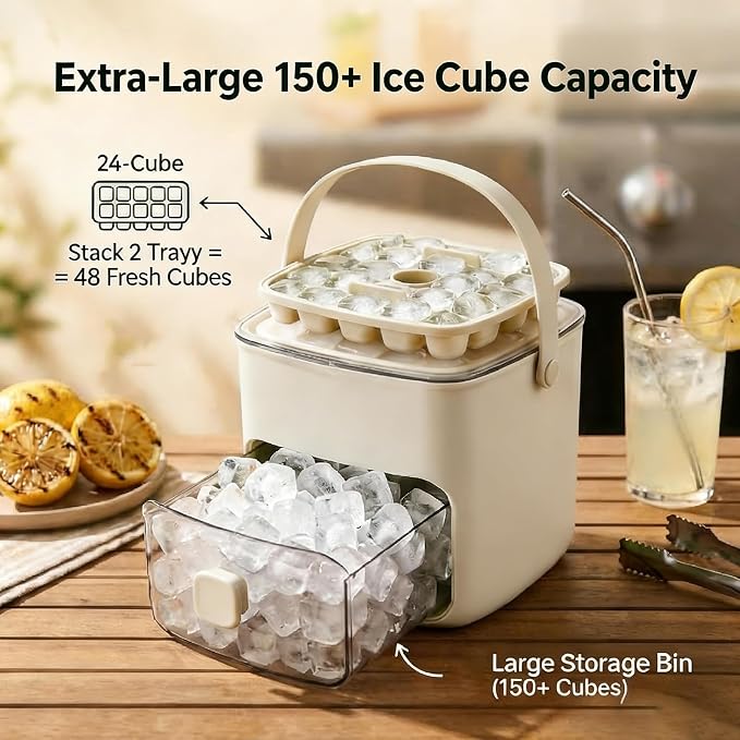 48 Ice Cube Maker with Easy Press Lid, Double Layer Tray & Bin | Includes Insulated Carry Bag & Ice Tongs,for DIY Whiskey Cocktail Coffee Beverages,Convenient and Easy to Use