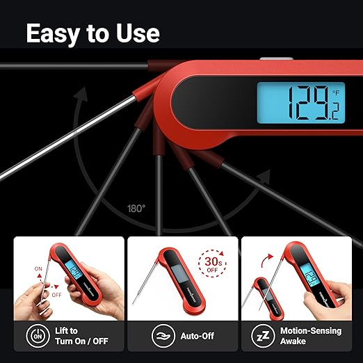 Professional 0.5 Sec Instant Read Meat Thermometer Digital, NIST Certified ±0.5℉ Accuracy, Auto Rotate Large LCD Display, 100% Waterproof Cooking Thermometer for Baking Grill BBQ Smoker Oven, Red