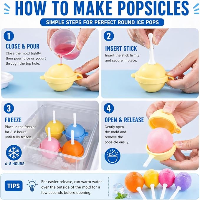 Silicone Lollipop Ice Cream Maker Molds, Reusable Popsicle Mold for Kids, DIY Ice Pop Maker for Juice Yogurt Frozen Treats, Fun Summer Dessert Mold (8)