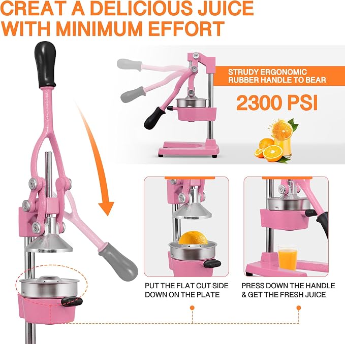 Commercial Heavy Duty Cast Iron Hand Press Manual Orange Citrus Lemon Lime Grapefruit Pomegranate Fruit Juice Squeezer Machine with Stainless Steel Cup Pink