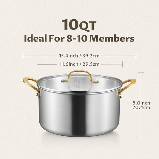 BEZIA Large 10 Quart Tri-Ply Stainless Steel Stock Pot, Nonstick Soup Pot With Lid, Sturdy & Double Handle, Induction Stockpot for All Stoves, Large Cooking Pot for Catering, Groups, Events, Silver