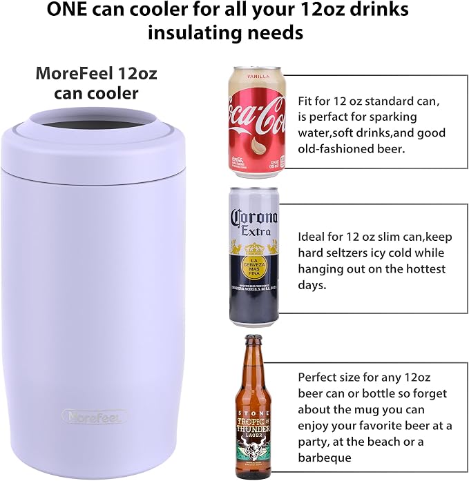 Morefeel 4-in-1 Insulated Can Cooler for 12 oz Cans & Bottles | 304 Stainless Steel Can Holder Fits 12 Oz Slim Cans, Standard Cans, Beer Bottles & Works as A Open Cup; Dishwasher Safe