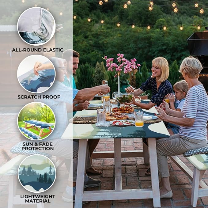 6ft Polyester Picnic Table Cover with Bench Covers Tablecloth Mountain View | Polyester Picnic Table Cover Windproof & Waterproof, Perfect for Camping Gifts & RV Essentials, Cool Camping Gadgets with bag
