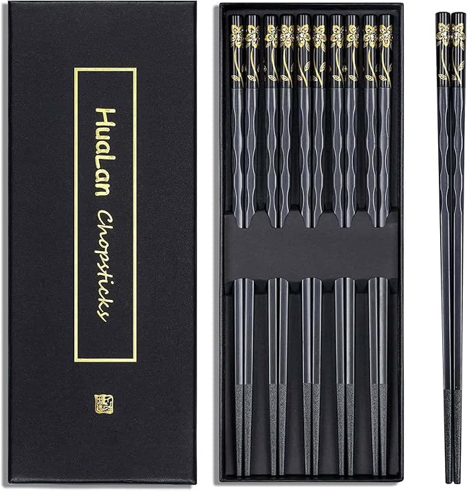 Fiberglass Chopsticks Series - Japanese Non-Slip Chopstick, Reusable Chop Sticks Dishwasher Safe, 5 Pairs, Gift Set, 9.9 Inches, Black