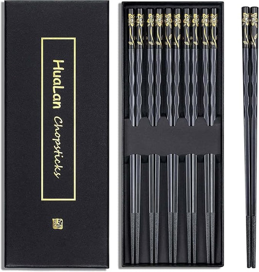 Fiberglass Chopsticks Series - Japanese Non-Slip Chopstick, Reusable Chop Sticks Dishwasher Safe, 5 Pairs, Gift Set, 9.9 Inches, Black