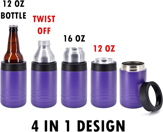 4-in-1 Stainless Steel 12 oz Double Wall Vacuum Insulated Can or Bottle Cooler Keeps Beverage Cold for Hours - Also Fits 16 oz Cans - Powder Coated Purple - Clear Water Home Goods