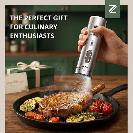 Zadelar Electric Salt and Pepper Grinder Set with Charging Base, Rechargeable Pepper Mill with 6-Level Visible Coarseness Adjustment, High/Low Variable Speeds, Stainless Steel, One-Handed Operation