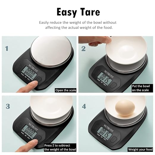 NUTRI FIT Digital Food Scale Small Kitchen Scales Weight in Grams and OZ for Cooking Baking Weight Loss, Stainless Steel Tare & Backlit LCD Display, Black