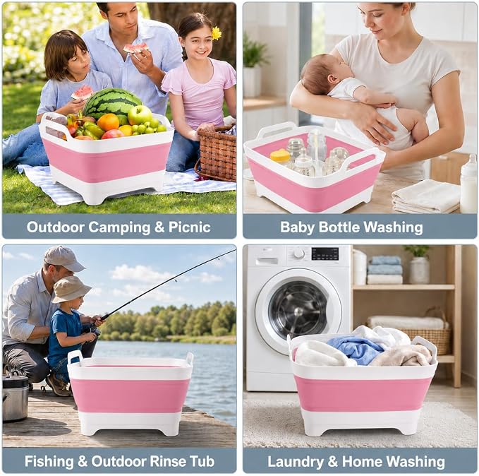 2.4 Gal(9L) Collapsible Dish Basin with Drain Plug, Space Saving Outdoor Multiuse Foldable Sink Tub, Dishpan, Kitchen Storage Tray for Camping, Vegetable Washing, RV (Pink)