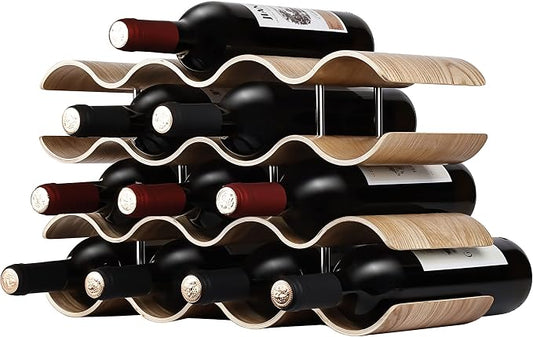 Countertop Wine Rack - 14 Bottle Freestanding Wine Bottle Holder Stand - 4 Tier Wooden Wine Storage Rack - Wavy Wine Organizer for Cabinet Pantry Home Kitchen Bar