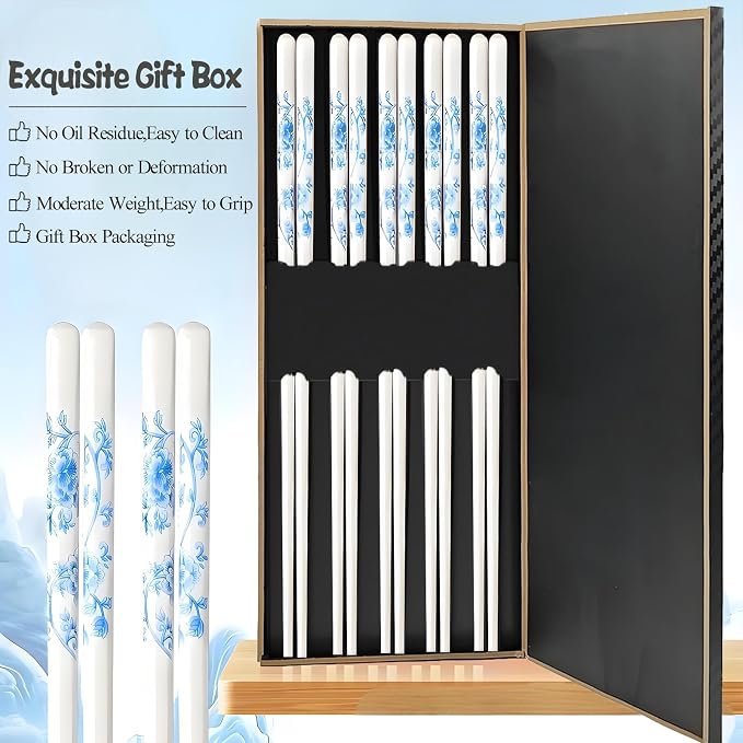 Ceramic Chopsticks Reusable 5PC,Porcelain Chop Sticks,Blue White,9.7'' | Easy to Clean,Dishwasher Safe,Heat Resistant,5 Pairs,with a Gift case,Cooking Chopsticks,High-grade Bone China Porcelain