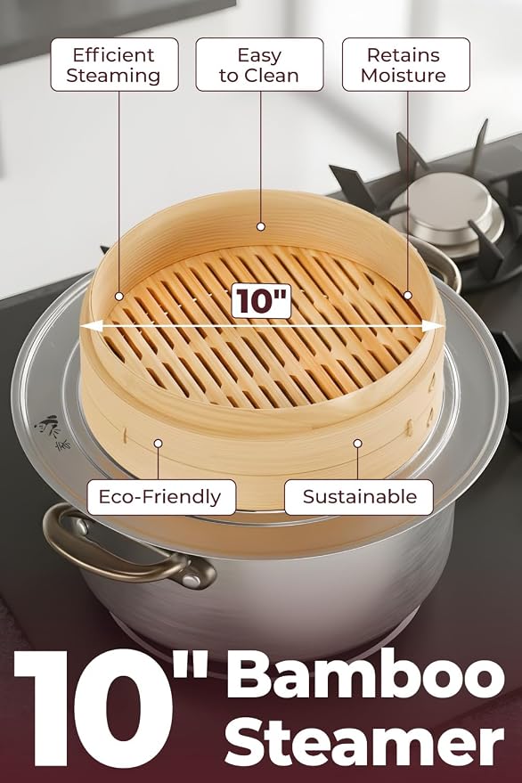 Bamboo Steamer Basket - Cook Delicious Meals with Authentic Flavor at Home | 10 Inch, 2 Tiers + 50 Liners, Chopsticks and Sauce Dish - Steam Family Portions of Bao, Dumplings and Vegetables at Once