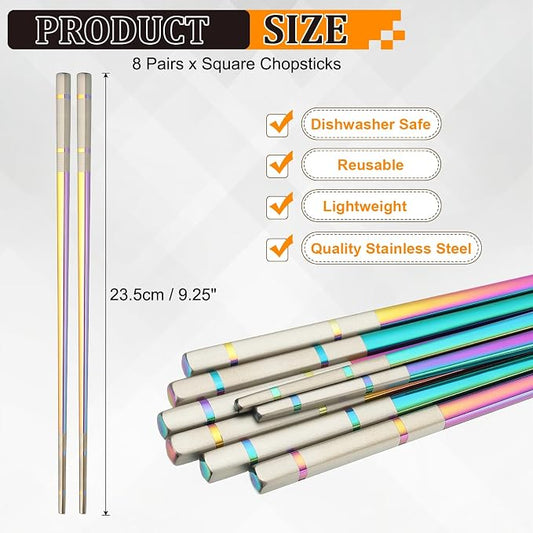 uxcell 8 Pairs Stainless Steel Chopsticks, 23.5cm / 9.25 Inch Metal Chop Sticks Square Lightweight Chopsticks Tableware Accessories Bulk for Home Kitchen Hot Pot Cooking, Colored Pink