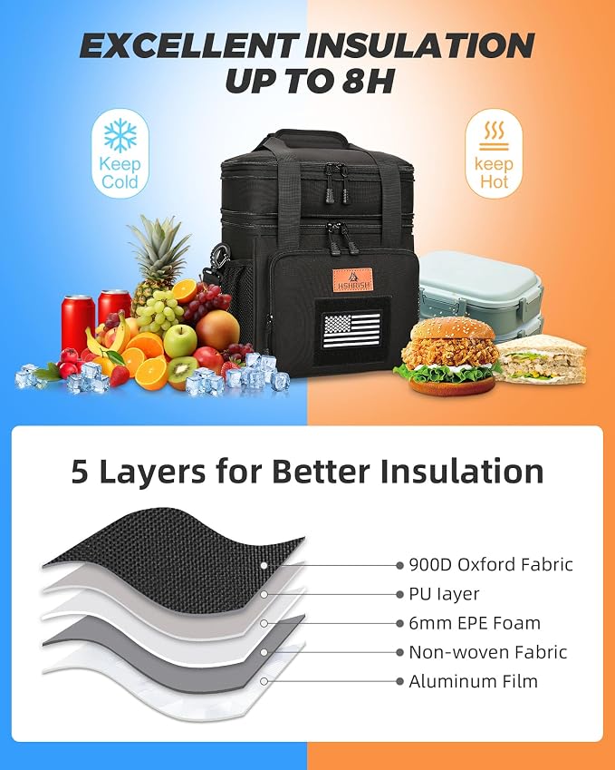 HSHRISH Expandable Large Tactical Lunch Box for Adults, Durable Insulated Lunch Bag with Lots of Storage Space, Cooler Bag for Men Women Work Outdoor Picnic Trip, 16 L, Black