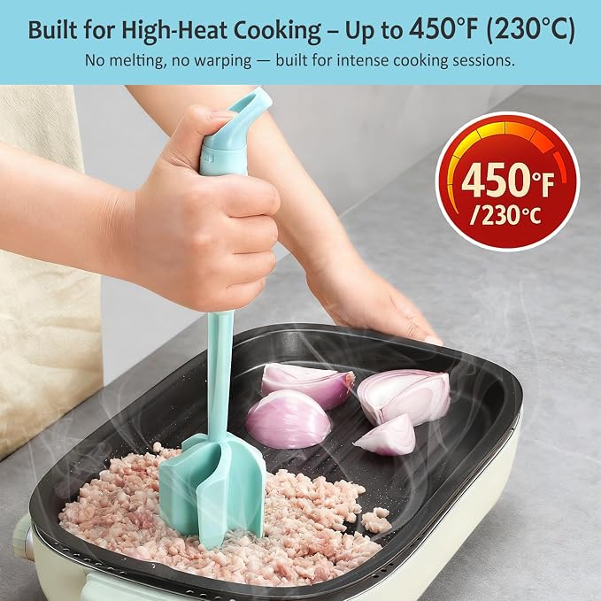 Ourokhome Meat Chopper and Potato Masher, Heat Resistant Nylon Ground Beef Smasher for Hamburger, 5 Curved Blades Nonstick Safe Mixer & Stirrer, Practical Kitchen Gadgets, Mint
