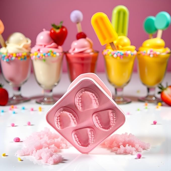 Pink 4 Hole Denture Teeth Shaped Ice Cube Mold Silicone Ice Tray DIY Ice Cream Funny Gag Gift For Dentist Seniors Ice Tray Molds, Ice Cube Molds and Trays