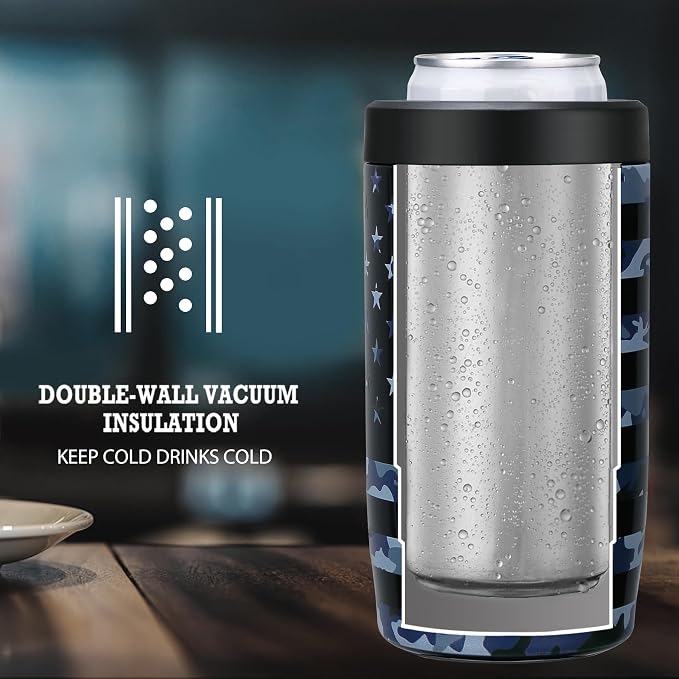 MAXSO Slim Can Cooler, 4-in-1 Double Walled Stainless Steel Insulated Beer Can Holder, Works With All 12 Oz Cans,Bottles & As A Pint Cups - Camo Flag
