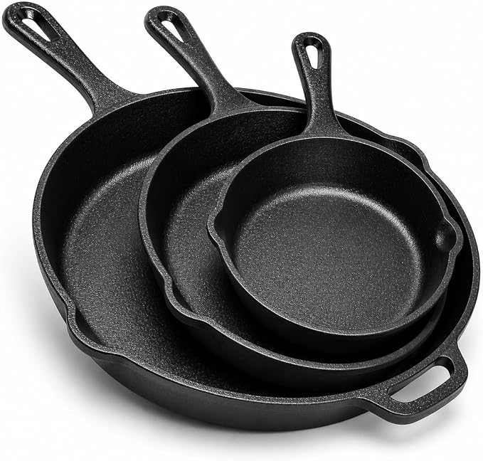 Cast Iron Skillet 3-Piece Set - Heavy-Duty Professional Restaurant Chef Quality Pre-Seasoned Pan Cookware Set - 10", 8", 6.2" - Frying, Saute, Cooking, Pizza & More, Charcoal Grey