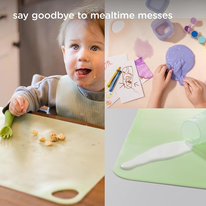 Olababy Fold N Go Silicone Placemat w Travel Case | Dishwasher Safe, BPA Free, Non-Slip, Waterproof | Mini Dining Mat for Infants, Babies, Toddlers and Kids (2, Blueberry/Pearl)