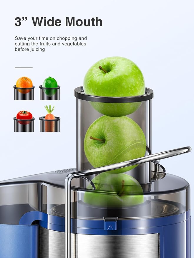 Juicer Machine 800W Centrifugal Juicer with Wide Mouth Feed Chute | For Fruits And Vegetables, Stainless Steel, BPA-Free Parts, Easy To Clean, Blue Finish, Fast Juice Extraction