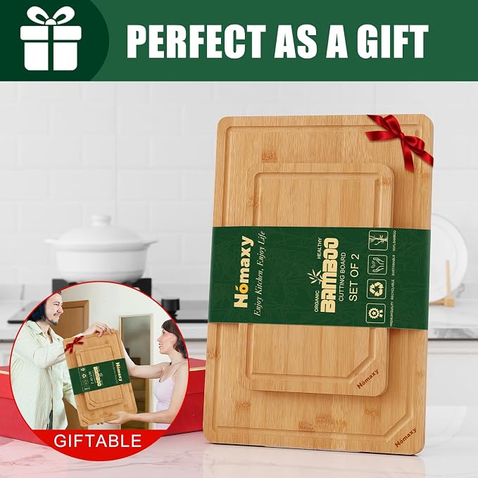 Homaxy Organic Bamboo Cutting Boards Set for Kitchen Set of 2 | Wooden Cutting Board Set with Juice Groove and Handles, Charcuterie Butcher Block Serving & Chopping Board, Pre Oiled
