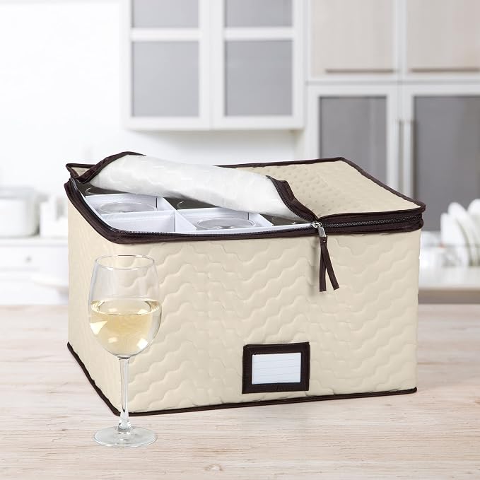 Wine Glass Storage Box with Dividers, Holds 12 Glasses up to 3.75" Wide | Stemware Storage Case, Protects Fine China, Durable Quilted Microfiber, Carry Handles, Ideal for White Wine