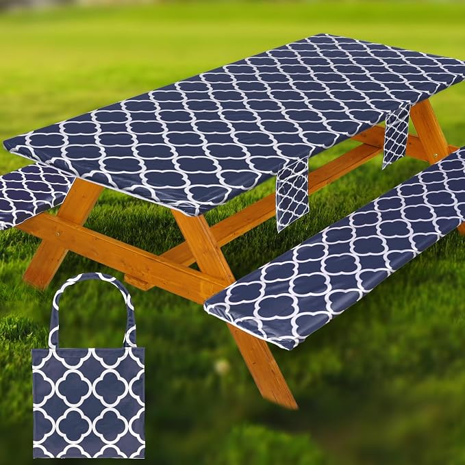 Fitted Picnic Table Cover with Bench Covers Waterproof Elastic Edges Rectangle Patio Tablecloth Outdoor Camping Essentials Stuff Rv Accessories Summer Trip Travel Supplies Party Camper Gifts, 8 ft