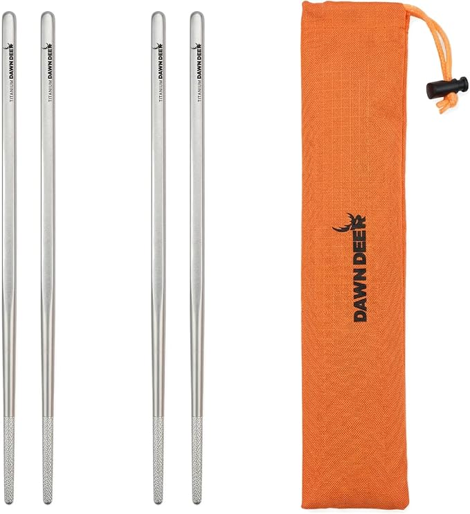 Titanium Chopsticks 2 Pairs with Carrying Case - 21cm Ultralight 14g Each, Hollow Design, Square Top Non-Roll, Laser Engraved Anti-Slip Tip, Sandblasted Finish, Reusable Camping Travel Utensils