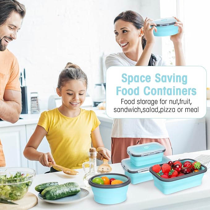 Yaomiao 16 Pack Collapsible Food Storage Containers with Lid Air Vent Foldable 8 Rectangle Storage Bowl and 8 Round Silicone Food Bow for Lunch Camping Rv Accessories Microwave Freezer(Gray, Blue)