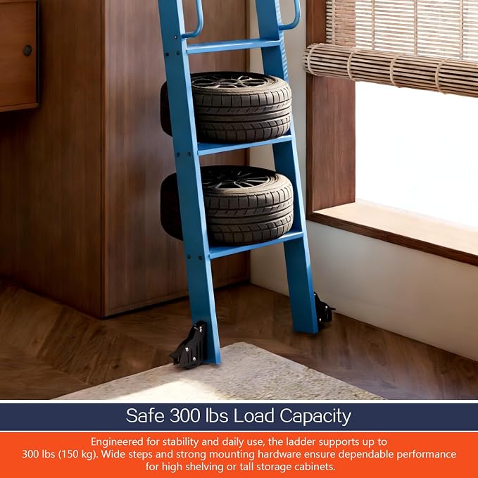 DIYHD 120" Rolling Library Ladder with Handrail, 4FT Sliding Rail, Blue | 10-Step lightweight ladder with space-saving upright storage, Telescopic top hooks, Locking bottom rollers, 300lbs capacity