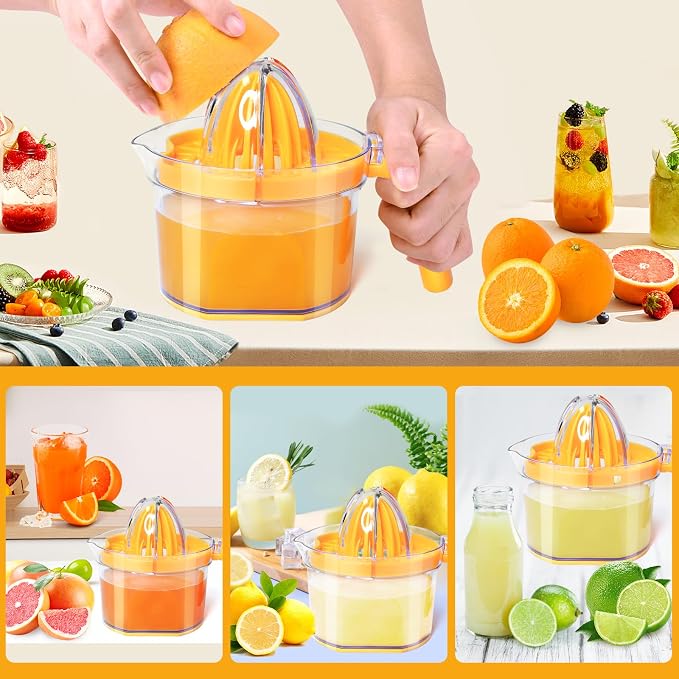4-in-1 Lemon Squeezer, 16.9oz Manual Juicer with Dual Reamers | Multifunctional Citrus Juicer, Lemon Lime Squeezer with Detachable Handle/Grater/Egg Separator/Measuring Cup/BPA-Free, Orange