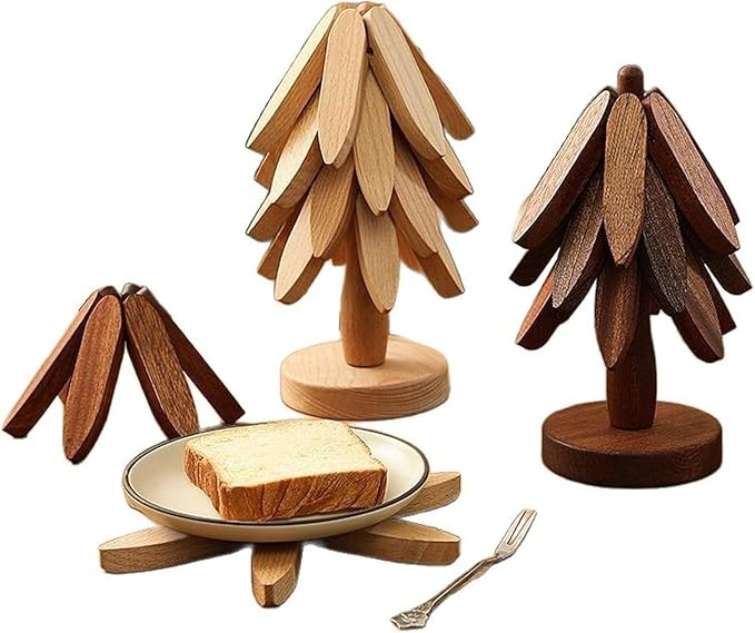 Natural Wood Tree Trivet Set, 𝐍atural Tree Trivet Set - 4 Wooden Trivets,4 Wooden 𝐓rivets & 1 Stand Like a Christmas Trees,for Hot Dish,Pot,Bowl,Teapot,Hot Pot Sets (Natural Wood 4 Trivets,1set)