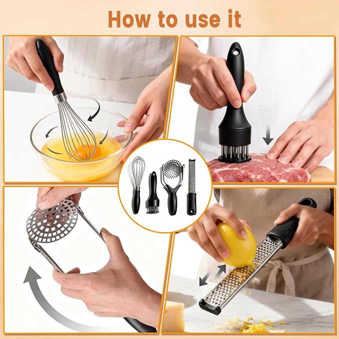 Kitchen Gadgets Set Stainless Steel Cooking Tools Essentials, Black, 4Pcs | Includes Whisk, Meat Tenderizer, Potato Masher Smasher, Grater Zester, Soft Ergonomic Handle, Dishwasher Safe, Space Saving