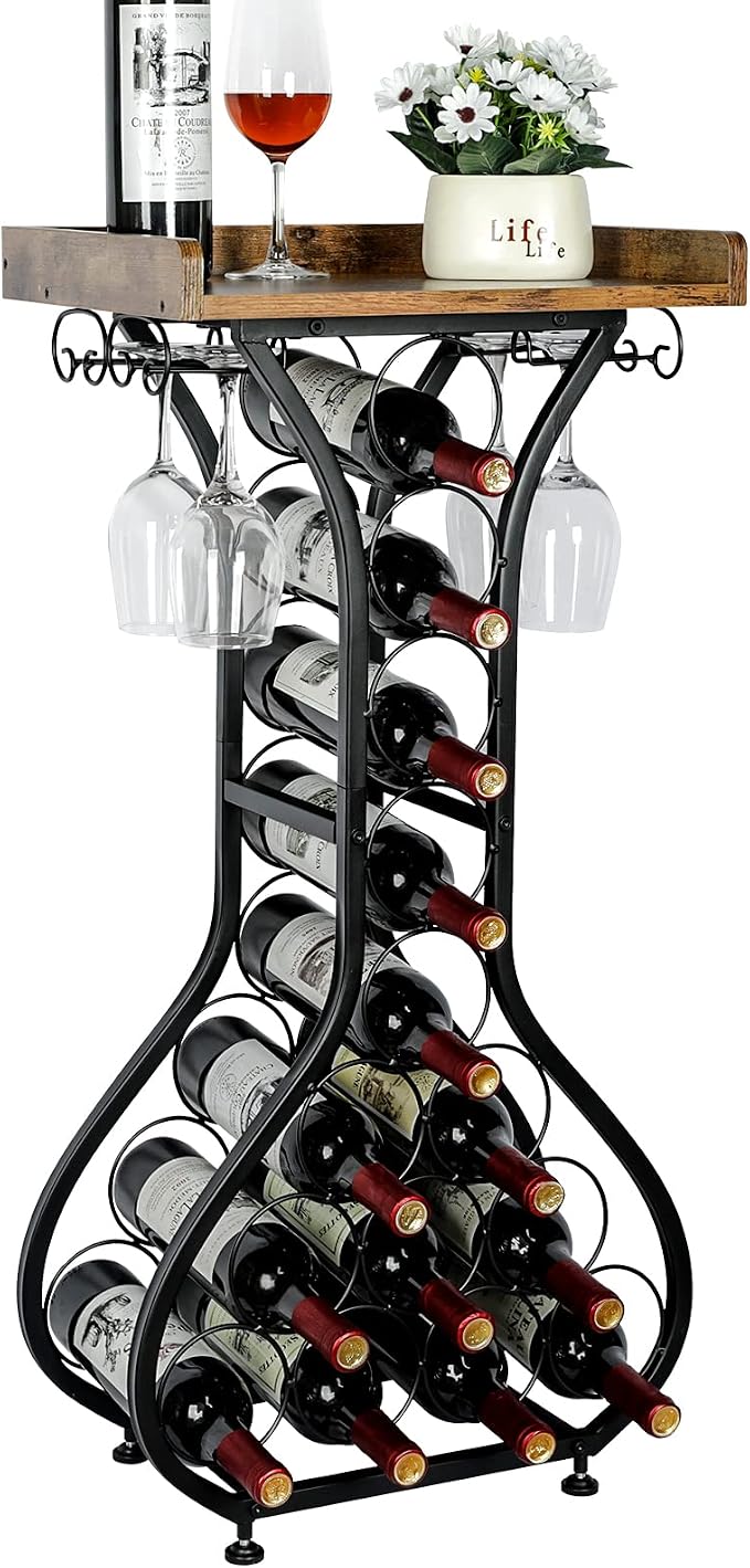 X-cosrack Wine Rack Freestanding Floor, Mini Bar Table Wine Holder Stand Liquor Cabinet with Glass Holder Wood Tabletop 14 Bottles Floor Wine Storage for Home Bar Kitchen Living Room