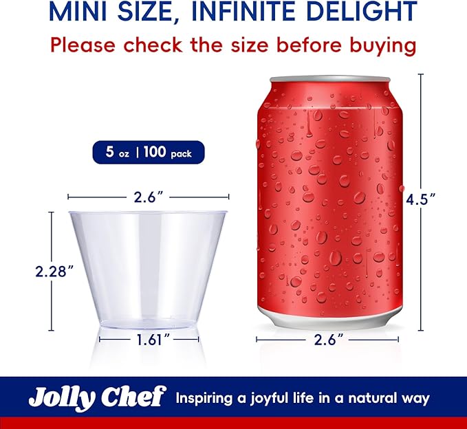 JOLLY CHEF 5 oz 100 Pack Small Clear Disposable Cups, Disposable Plastic Shot Glasses for Parties, Plastic Cocktail Glasses Wedding Tumblers, Perfect for Halloween Thanksgiving Christmas